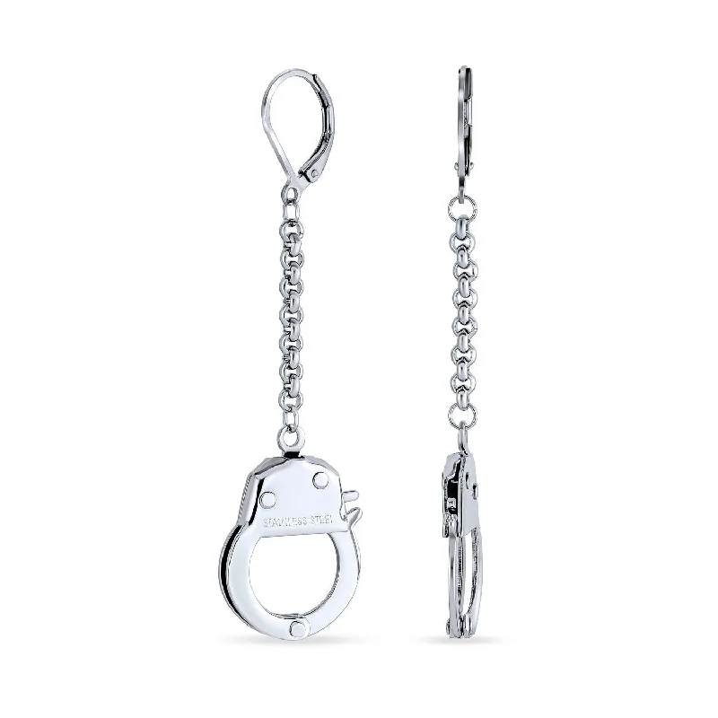 Partners Couples Grey Handcuffs Lever Back Dangle Earrings BlackSilver Tone Steel