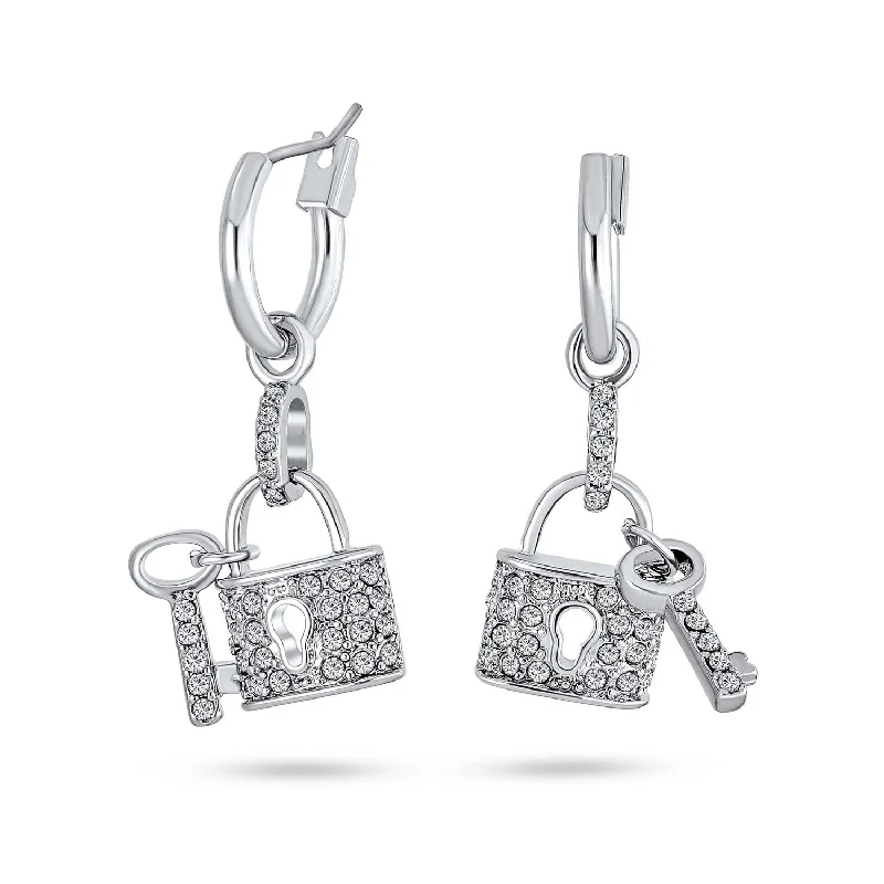 Pave Crystal Lock & Key Charm Dangle Earrings Silver Plated for Couples