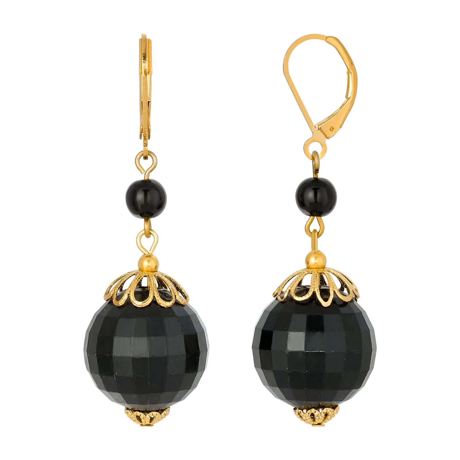 Round Black Faceted Beaded Drop Earrings