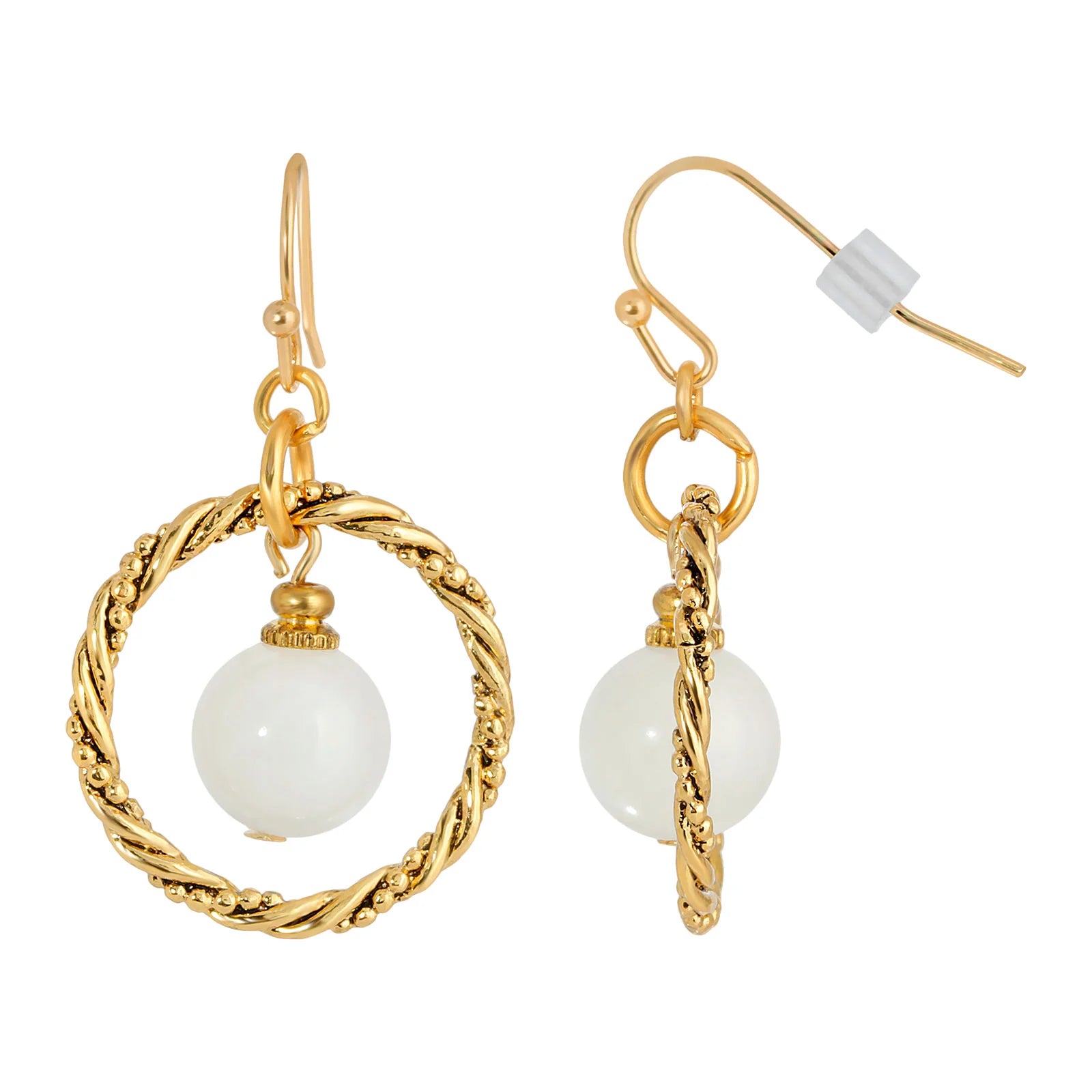 White Quartz Bead Twisted Hoop Eearrings