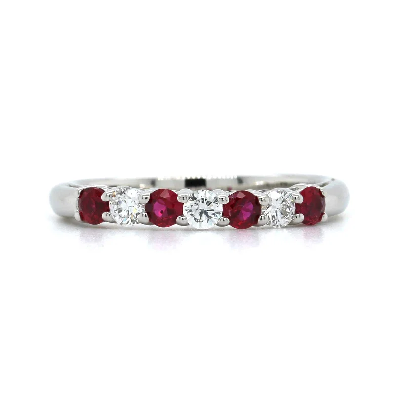 Platinum 5 Stone Shared Prong Ruby and Diamond Band