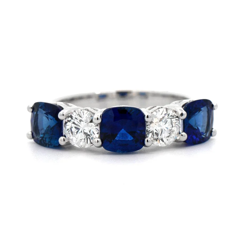 Platinum Cushion Diamond and Sapphire Shared Prong Band