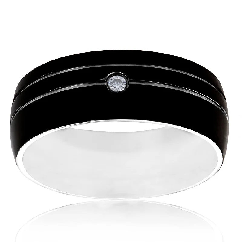 Stainless Steel Cubic Zirconia On Black Stripped Ring