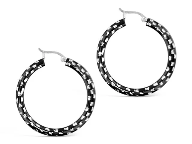 Sterling Silver Large Black Diamond Cut Hoops