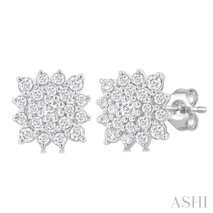 1/5 Ctw Petite Cushion Shape Round Cut Diamond Cluster Fashion Stud Earring in 10K White Gold