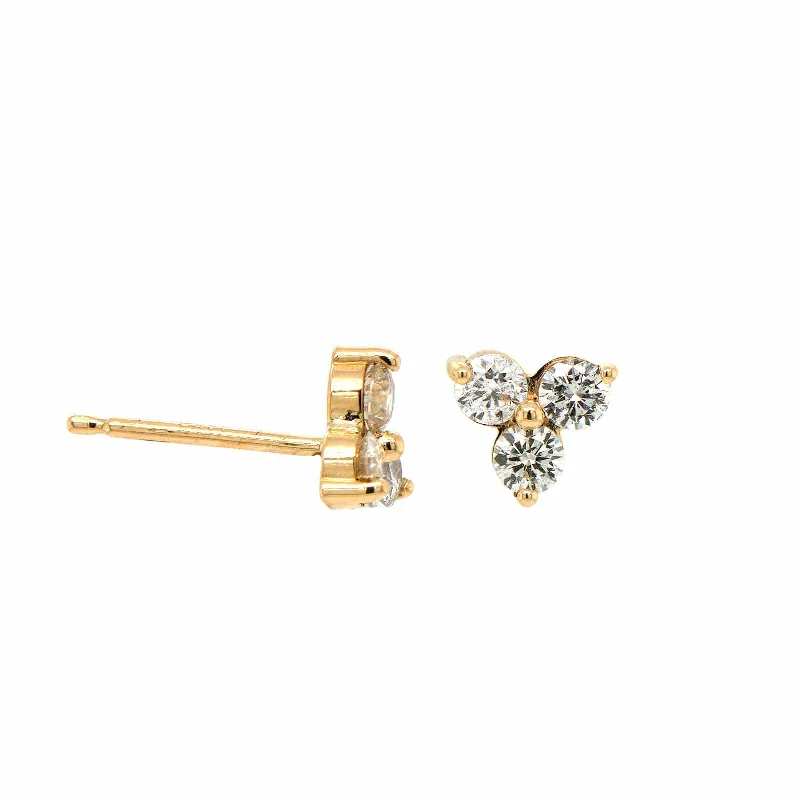 14K Yellow Gold 3 Stone Diamond Cluster Stud Earrings