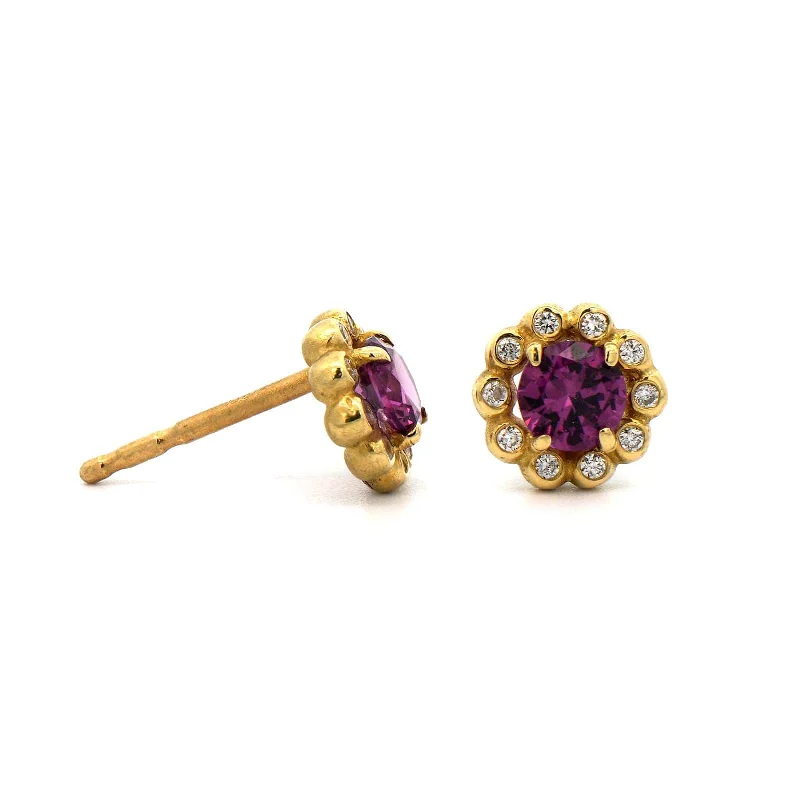 Suzy Landa 18K Yellow Gold Purple Garnet and Diamond Stud Earrings