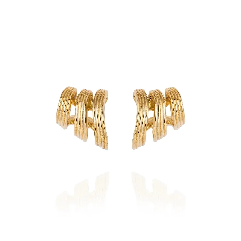 18K Yellow Gold Stream Lines Triple Hoop Earrings