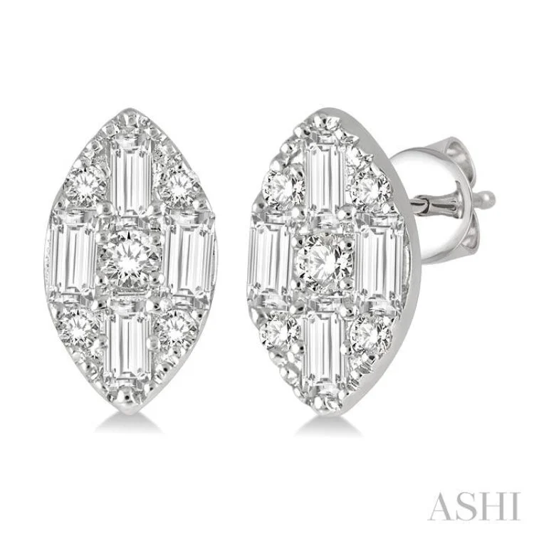 1/3 ctw Marquise Shape Fusion Baguette and Round Cut Diamond Fashion Stud Earrings in 14K White Gold