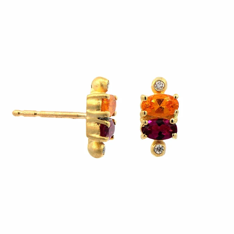 Suzy Landa 18K Yellow Gold Spessartite Garnet, Rubellite, and Diamond Stud Earrings