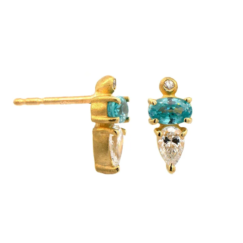 Suzy Landa 18K Yellow Gold Small Blue Zircon and Diamond Stud Earrings