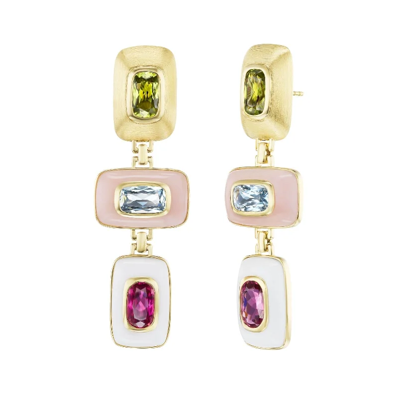 18K Yellow Gold Multi Gemstone Patchwork Drop Earrings