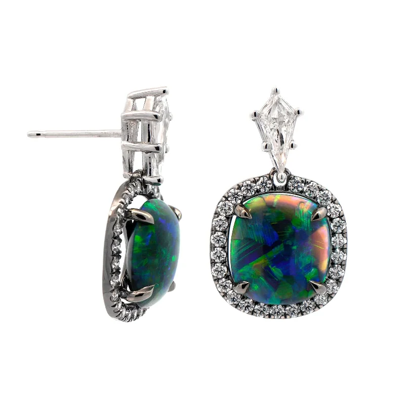 18K White Gold Cushion Cut Opals & Diamond Halo Huggie Earrings