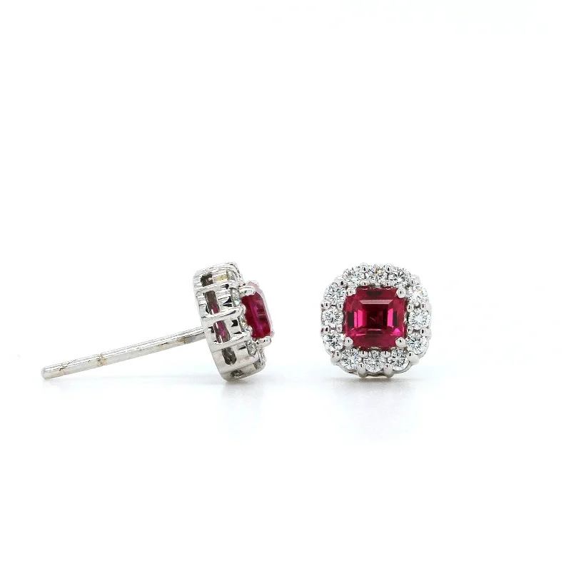 18K White Gold Asscher Cut Ruby and Diamond Halo Stud Earrings