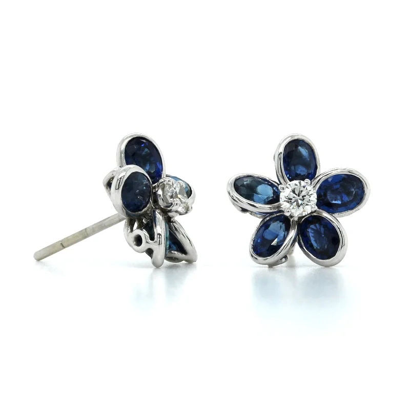 Platinum Sapphire and Diamond Flower Stud Earrings