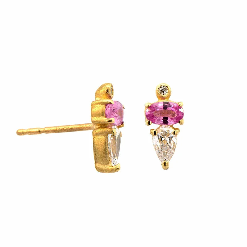 Suzy Landa 18K Yellow Gold Small Pink Sapphire and Diamond Stud Earrings