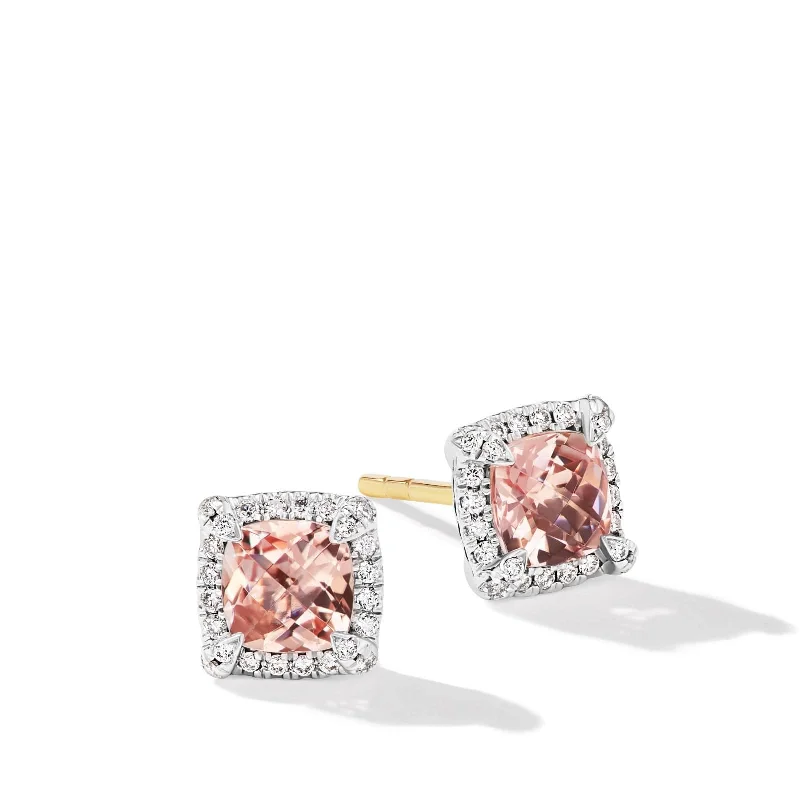 Petite Chatelaine® Pavé Bezel Stud Earrings in Sterling Silver with Morganite and Diamonds, 5mm