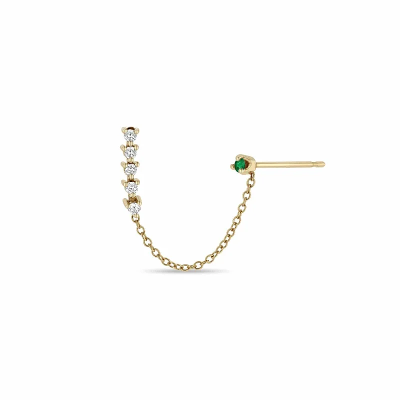 14K Yellow Gold Chain Linked Emerald and Diamond Earring