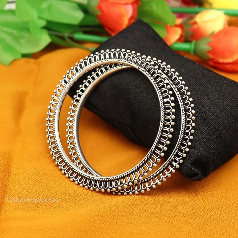 92.5 silver handmade vintage antique stylish waved beaded bangle bracelet, oxidized silver wedding brides made customized bangles nba201