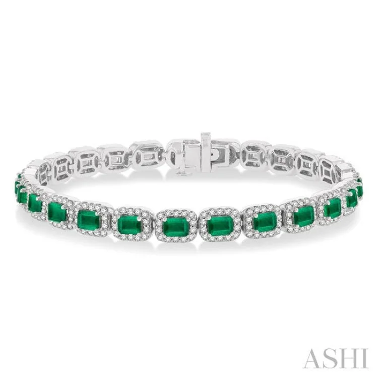 2 1/5 ctw 4X3 MM Emerald and Round Cut Diamond Halo Precious Tennis Bracelet in 14K White Gold